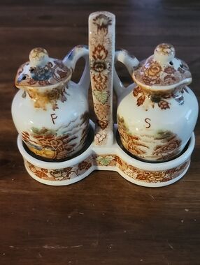 Vintage 40s Nasco Salt and Pepper Porcelain Shakers with Caddy Made In Japan
